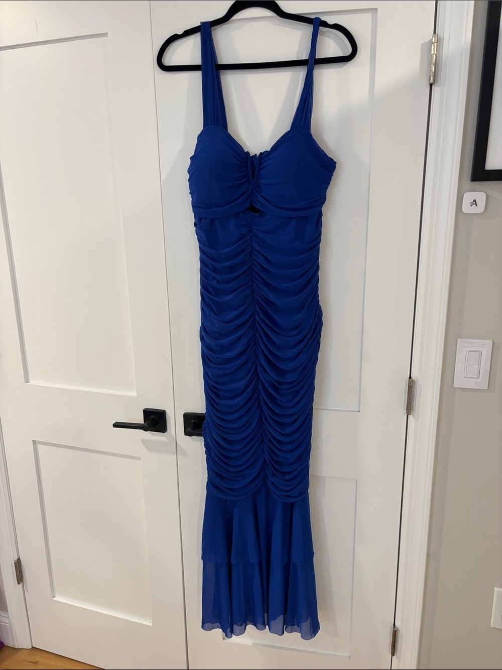 Ruched Cobalt Blue Maxi Dress with Flared Hem